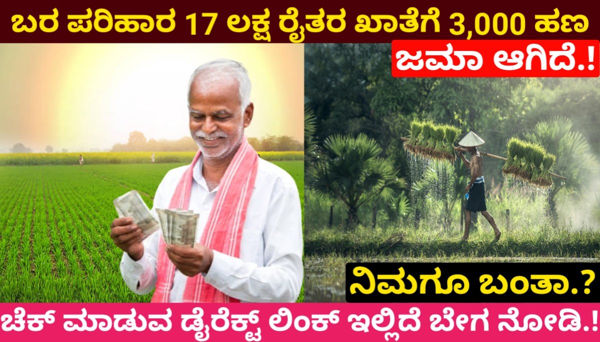 ಬರ ಪರಿಹಾರ: 17 ಲಕ್ಷ ರೈತರಗಳ ಖಾತೆಗೆ 3,000 ಹಣ ಜಮಾ ಆಗಿದೆ.! ನಿಮಗೂ ಬಂತಾ? ಚೆಕ್ ಮಾಡುವ ಡೈರೆಕ್ಟ್ ಲಿಂಕ್ ಇಲ್ಲಿದೆ ಬೇಗ ನೋಡಿ.! Bara Parihara List Karnataka 2024 FREE